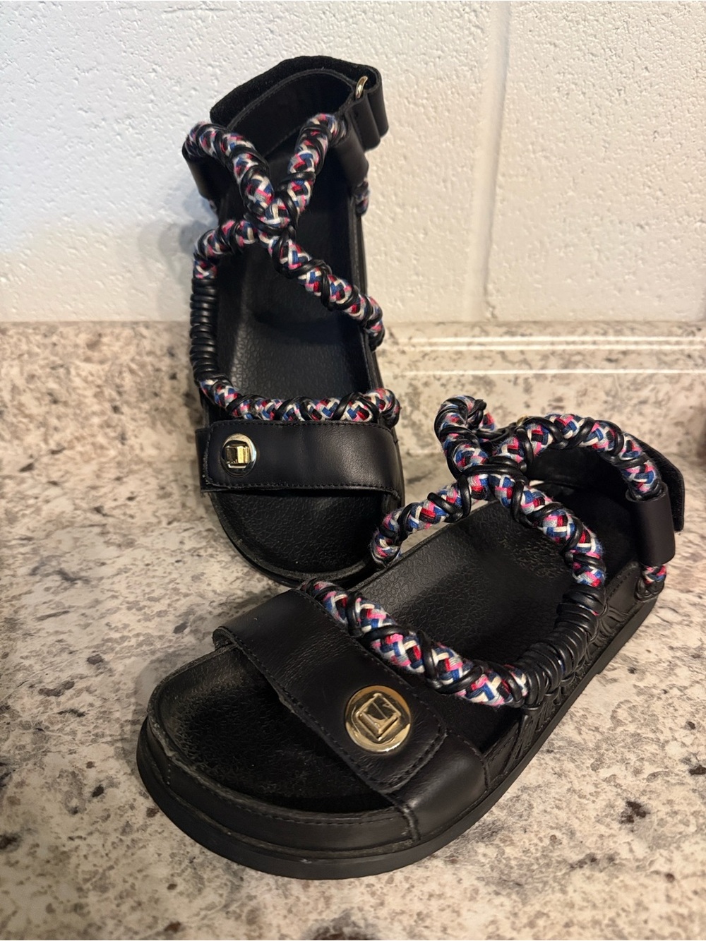 Staud multi color sandal with Velcro back and black sole. Worn 2x